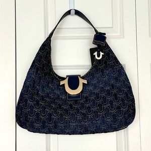 True Religion Blue Denim Horseshoe Embroidered Handbag